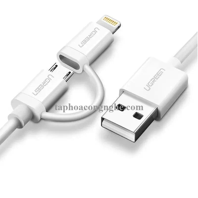 Ugreen 20875 0.5M màu Trắng Cáp sạc đa năng USB sang MicroUSB + Lightning US178 30020875
